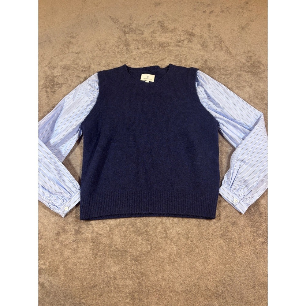 Tuckernuck Ella Navy Knit Vest Mixed Media Striped Sleeve Sweater Top Medium